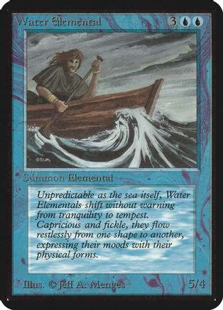 Card art depicts figure rowing boat through large ocean waves. Blue and white colors.