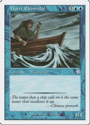 Card art depicts figure in boat battling large wave. Water Elemental creature card.
