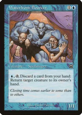 Blue-gray monster creature card with purple and orange background art.