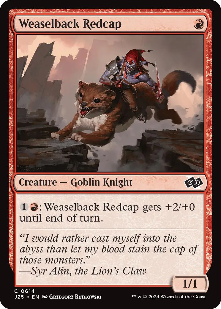 Redcap riding a brown bear on a fantasy battle scene card.