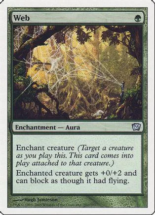 Green and brown forest scene on a card titled "Web." Enchantment Aura type.