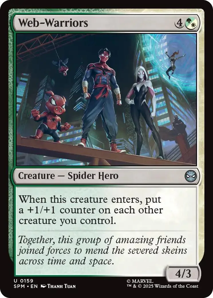 Spider-themed superhero card featuring two figures in dark costumes.