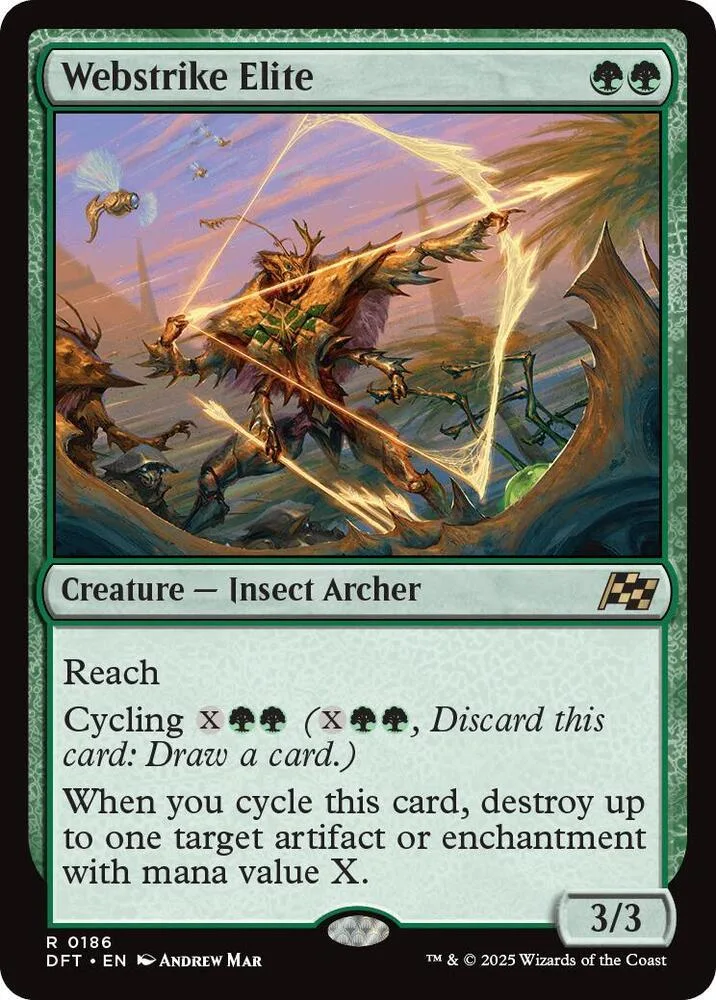 Insect archer creature card art, brown and green tones, showing a winged creature attacking.