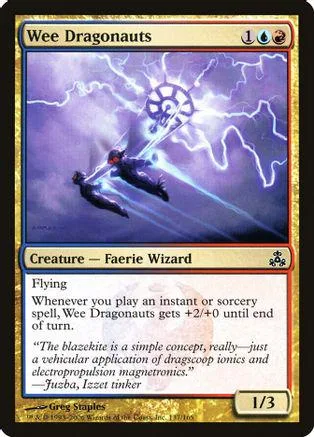 Blue and purple card art featuring a flying figure amidst lightning. Wee Dragonauts.