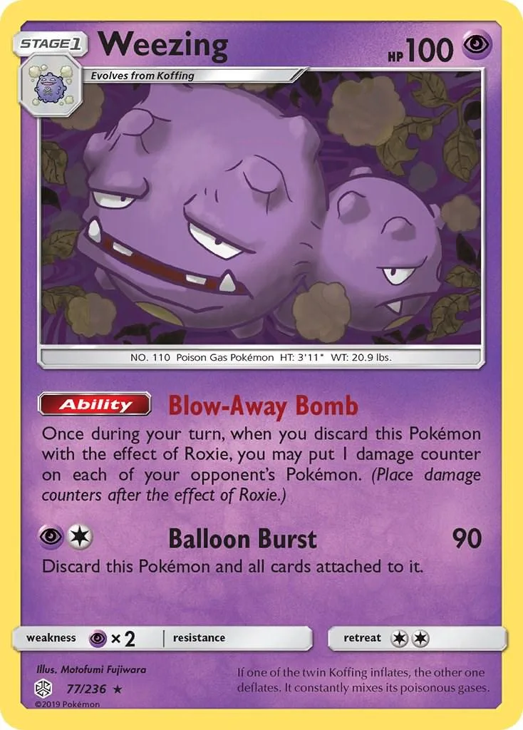 Purple Pokémon card, Weezing, shows two large, grumpy-looking creatures.