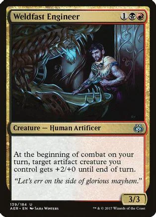 Dark fantasy art card featuring a man with a dragon, titled "Weldfast Engineer.