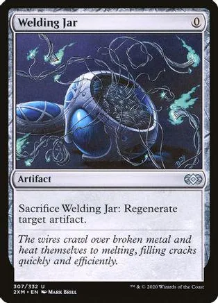 Blue and black card art of a welding jar with glowing sparks.