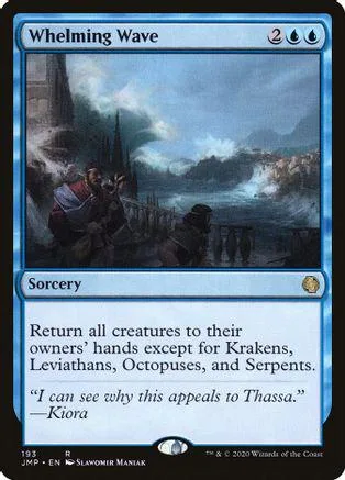 Blue and white Magic: The Gathering card, "Whelming Wave," depicting a stormy seascape.