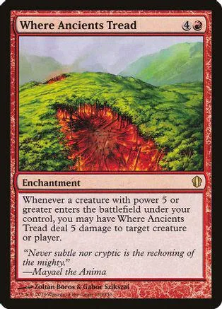 Green landscape with fiery impact on a Magic: The Gathering card.