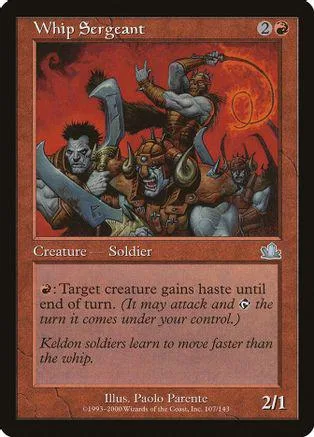 Whip Sergeant creature card art: warrior on horseback, red and brown tones.