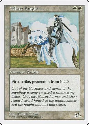 White Knight card art: armored knight on white horse against a castle backdrop.
