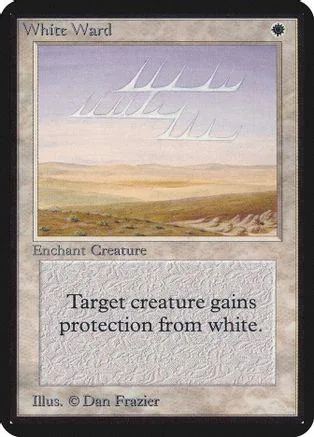 White card with landscape art, text reads "Target creature gains protection from white.