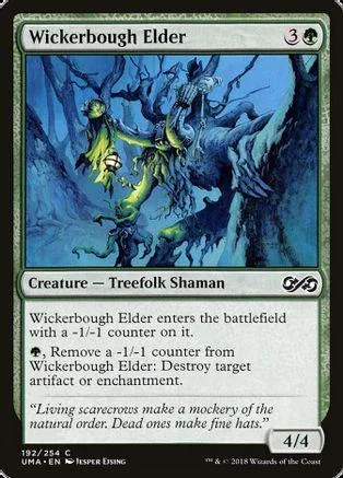 Green and blue card art depicts shadowy figures in a dark forest. Wickerbough Elder creature card.