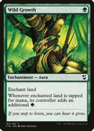 Green forest tree enchantment card with "Wild Growth" text.