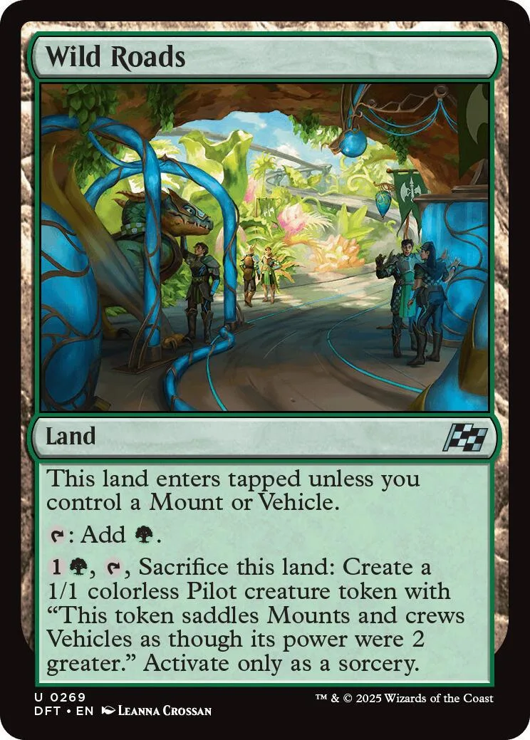 Wild Roads Magic: The Gathering land card, jungle scene, blue and green colors.