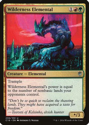 Dark elemental creature on red and green landscape card.
