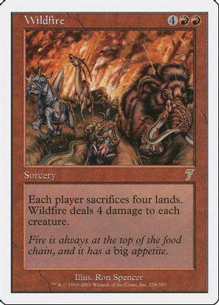 Fire-themed Magic: The Gathering card art showing a wolf, bear, and other creatures.