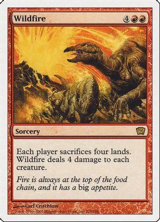 Monster roaring in fiery landscape on a Magic: The Gathering card.