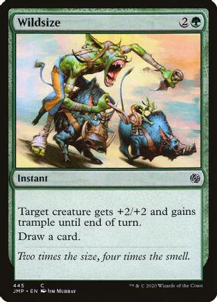 Green monster creature attacking with blue creature on a card.