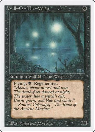 Blue and green fantasy card art showing glowing lights in a dark forest.