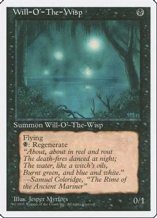 Dark forest scene with glowing orbs over water on a card.