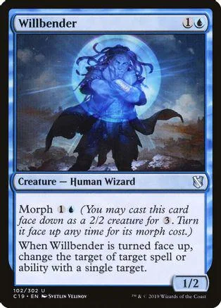 Blue-toned wizard creature card art, showing a figure in a glowing circle.