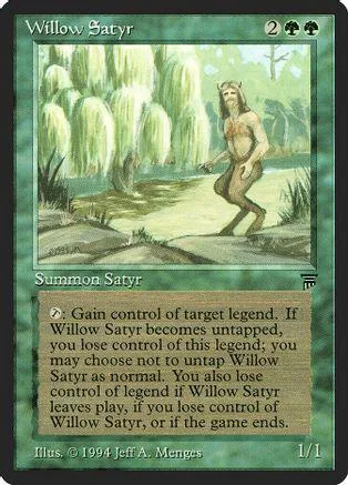 Satyr creature in green forest, card with text box, 2 mana cost.