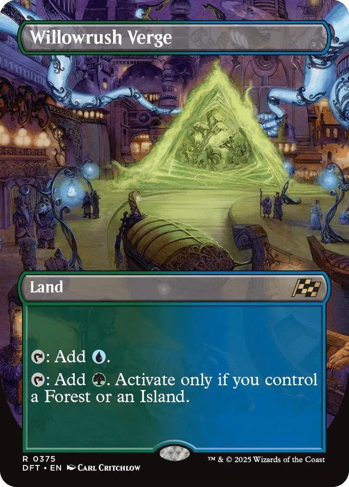 Magic: The Gathering card, Willowrush Verge, green and purple fantasy art.