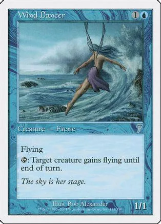 Blue and white card art of a figure flying over stormy water.