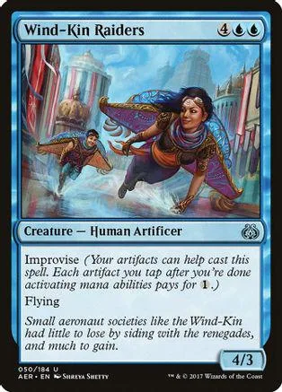 Blue and purple winged human artificer on a fantasy battlefield card.
