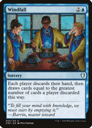 Three people around a table with a blue and yellow magical scene.