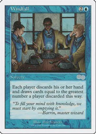 Card art shows three men gathered around a table. Blue and gold colors dominate.
