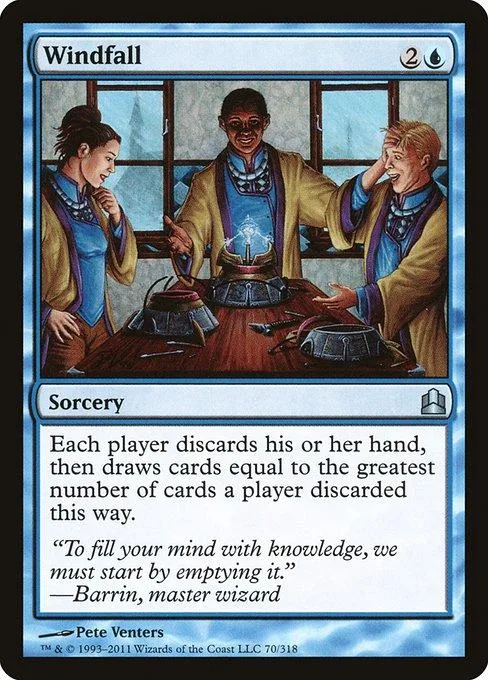 Card art shows three men gathered around a table indoors. Blue and gold colors dominate.