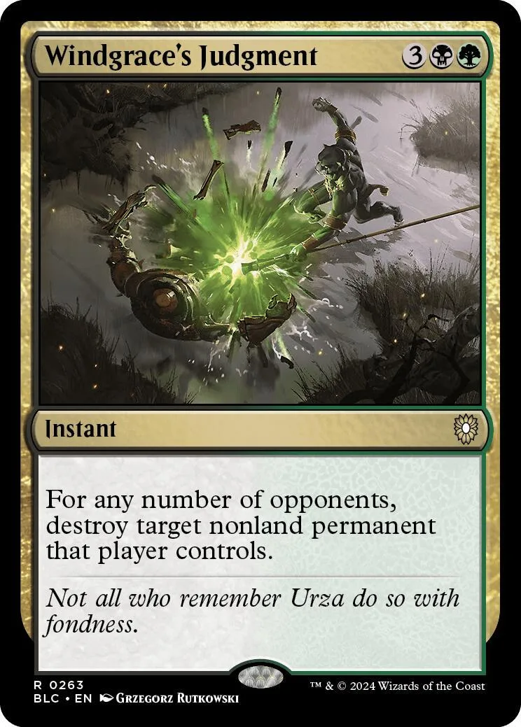 Green and black Magic: The Gathering card, Windgrace's Judgment, showing an explosion.