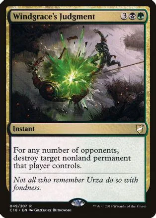 Green and black magic card, Windgrace's Judgment, showing a glowing green explosion.