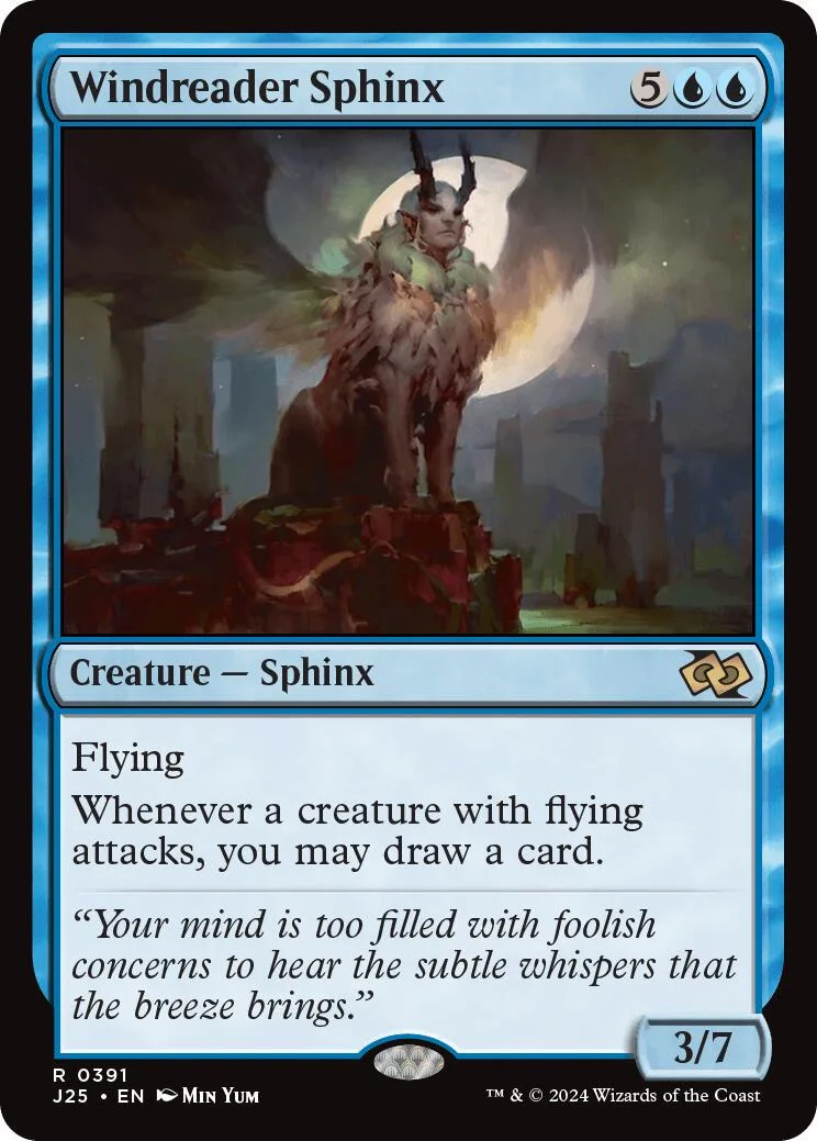 Sphinx creature card art: winged beast on a mound under a moon.