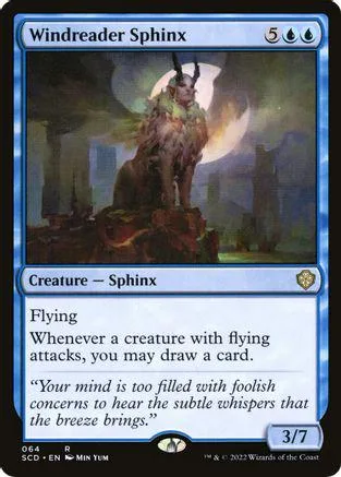 Dark sphinx creature card with purple and green accents, showing a mystical scene.