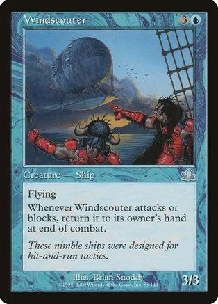 Blue and black creature card featuring a ship and a warrior on the water.