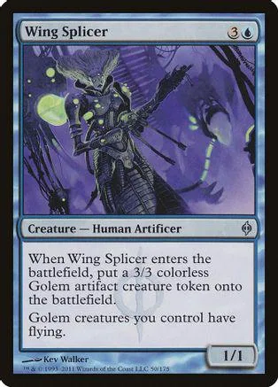Dark, armored figure on purple background. Magic: The Gathering card, Wing Splicer.