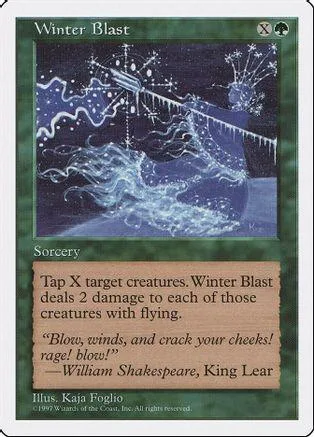 Blue and white winter scene card art. "Winter Blast" spell card.