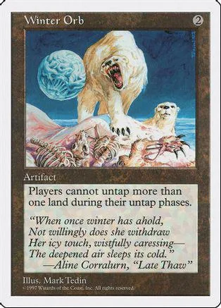White polar bear attacks blue orb in icy water. Magic: The Gathering card.
