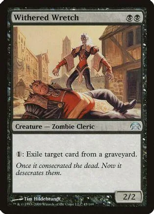 Zombie cleric creature card, red and brown tones, showing a figure rising over a prone body.
