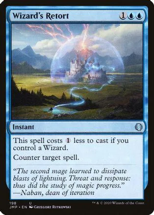 Blue and white Magic: The Gathering card, Wizard's Retort, showing a magical storm over a castle.