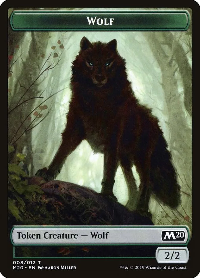 Dark wolf creature card in forest setting, black and brown tones.
