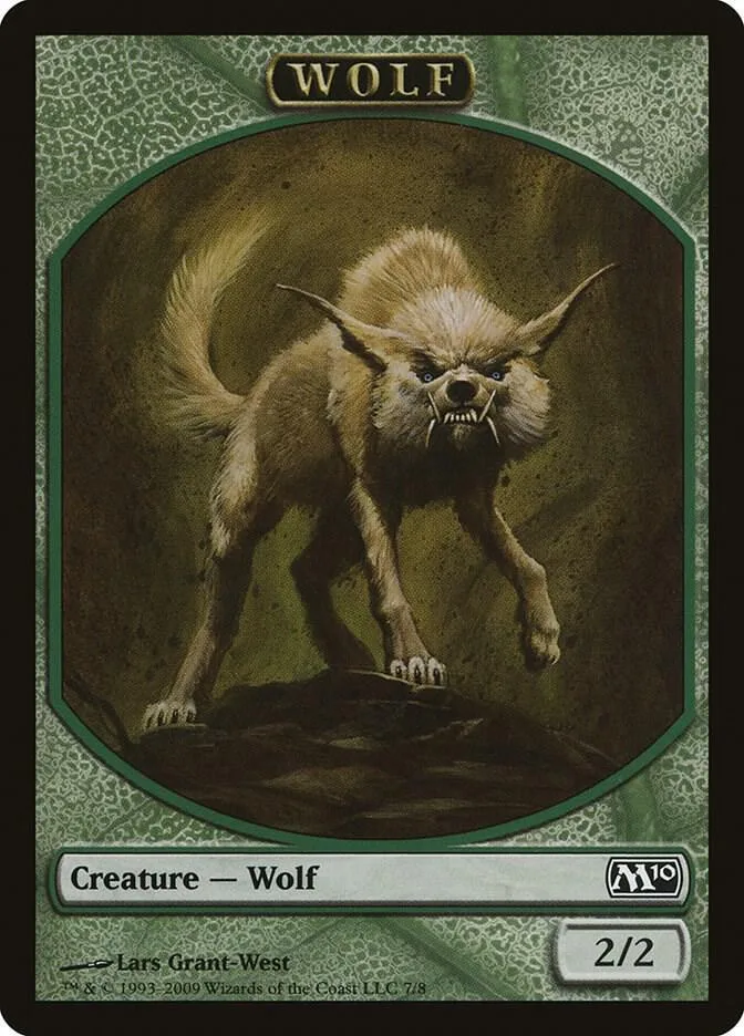 Furry wolf creature card, brown and green tones, visible text and stats.