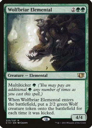 Dark wolf elemental creature card art, green and black tones.