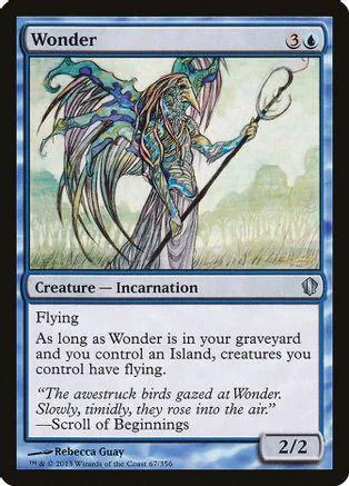 Blue and green winged creature on a card, titled "Wonder.