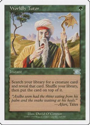 Man in turban holding a bat-like object, Worldly Tutor card art.