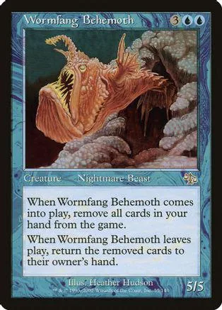 Orange, monstrous creature card art on a black and blue Magic: The Gathering card.