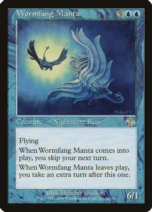 Blue and black card art featuring a flying creature against a dark sky.